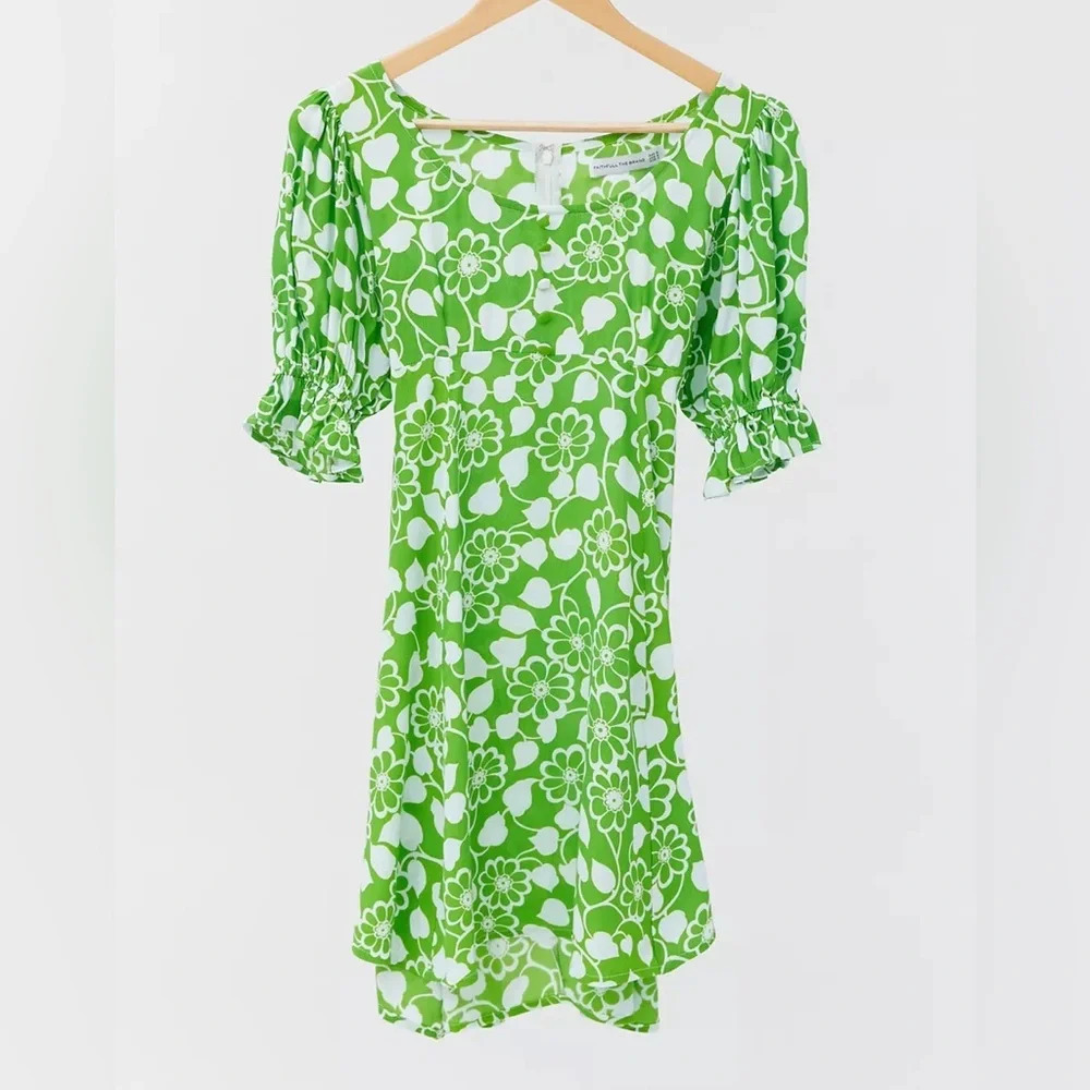 Faithfull The Brand Green Retro Floral Cleo La Barben Puff Sleeve Dress Size 10